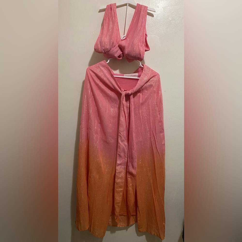 Sundress 2 pieces halter tie neck Backless & side slit skirt pink-orange linen M